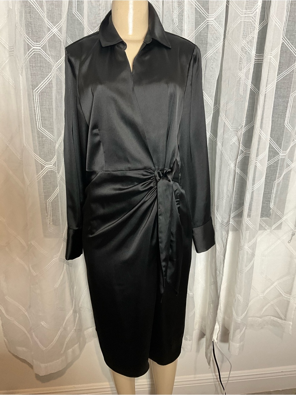 Worthington Black Satin Wrap Midi Dress with Side Tie